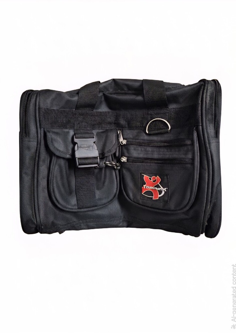 This black Tournamax duffel bag features a prominent logo and secured  pockets